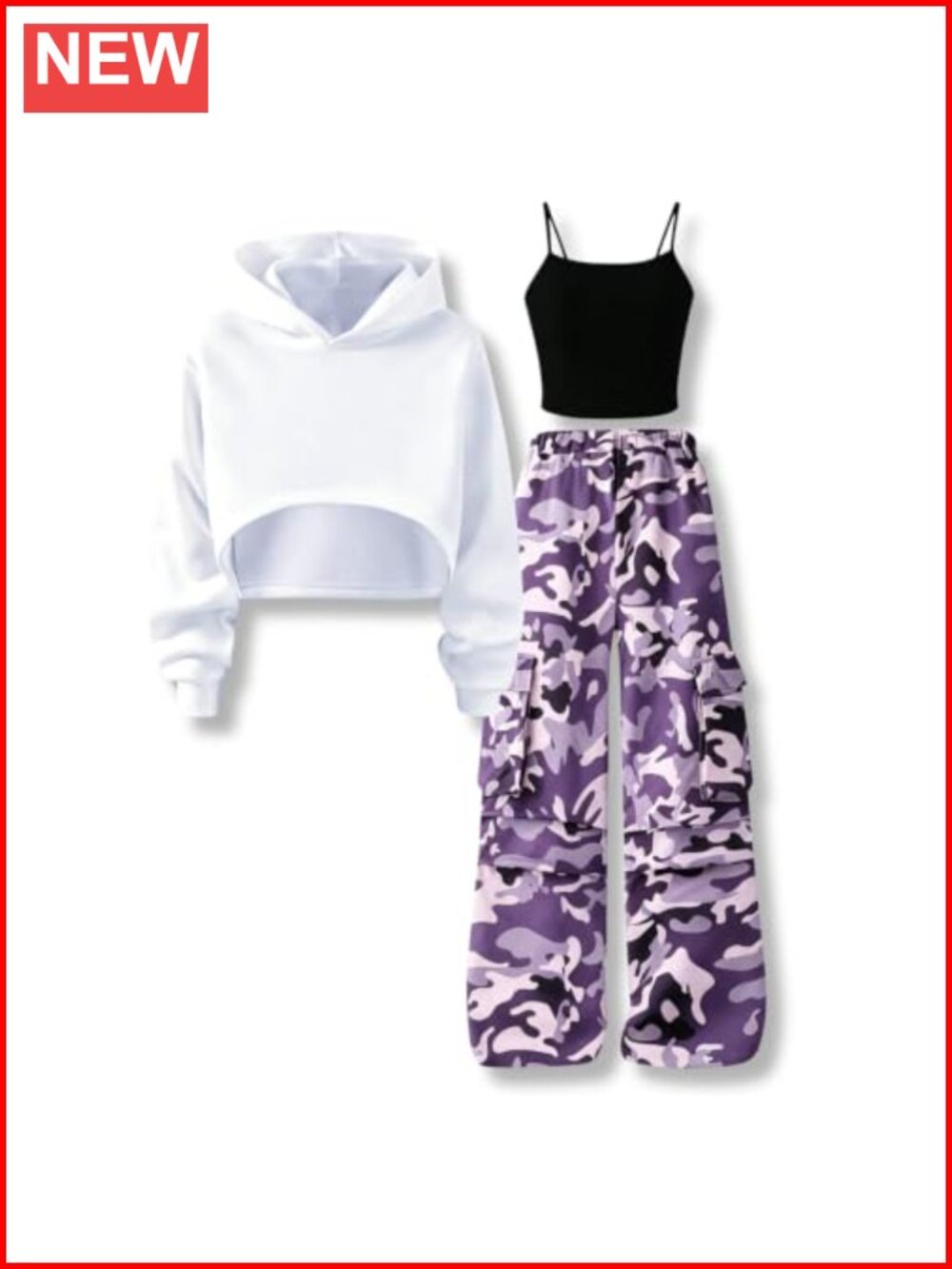 Girls 3 Piece Outfit Cropped Hoodie Cami Cargo Pant Set Cotton Blend